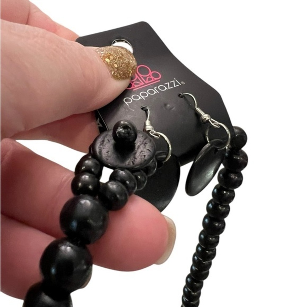 SALE!! 2 for $15 Paparazzi Wooden Bead Necklace Black Silver Earrings Discs Boho - Picture 11 of 11